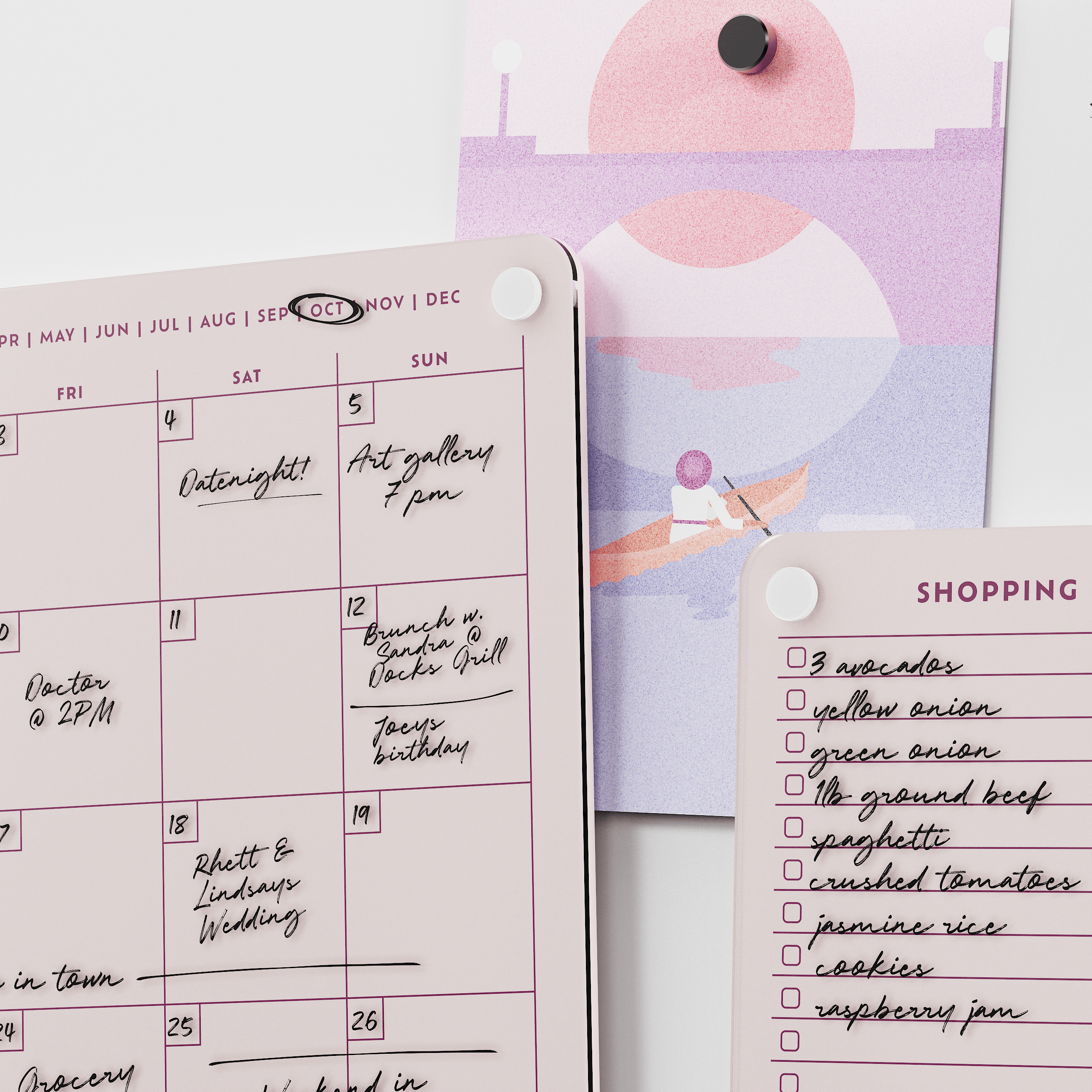 Close-up of the Linen white monthly calendar and shopping list boards with handwritten plans and groceries